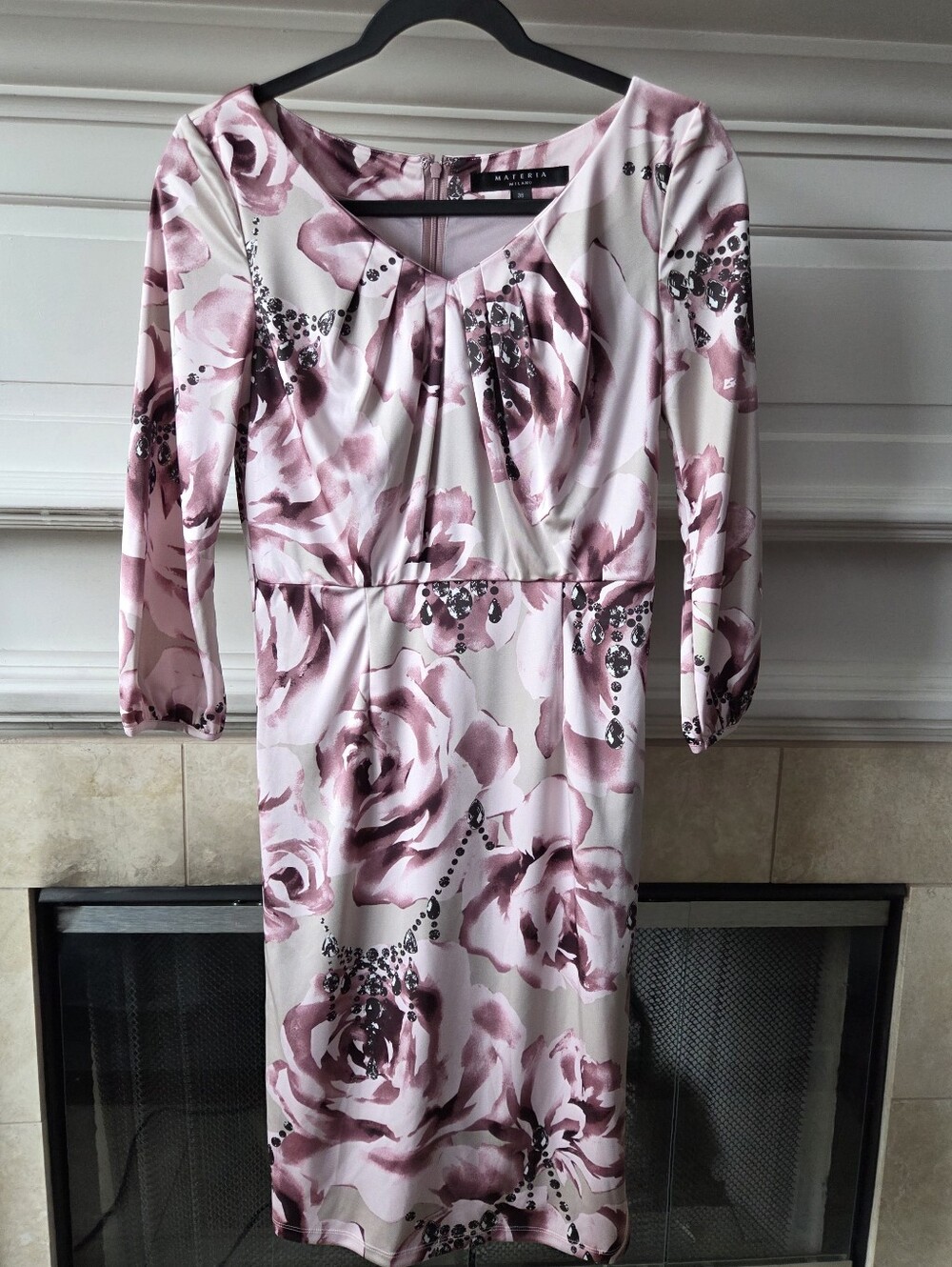 MATERIA MILANO Pink Floral Print Dress Long Sleeve Ruched V Neck Size M (38)